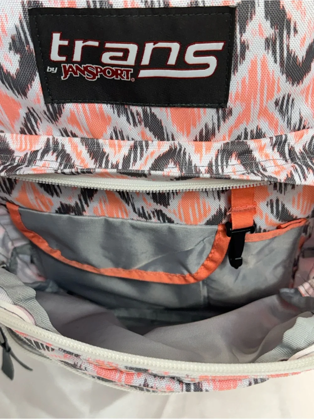 JanSport Trans SuperMax Southwest Ikat Geometric 17” Student Backpack Coral Gray